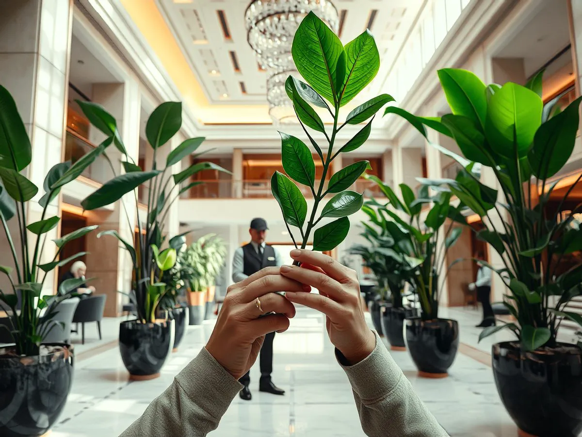 五星级酒店大堂绿植更新后场景，大型绿植与装修风格协调，专业养护人员在修剪