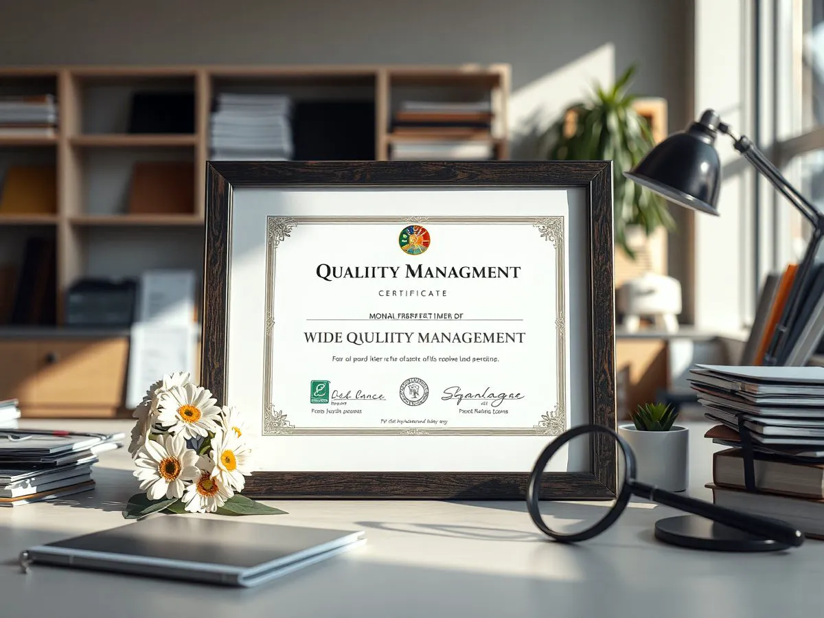 ISO 9001质量管理体系认证证书与花卉场景