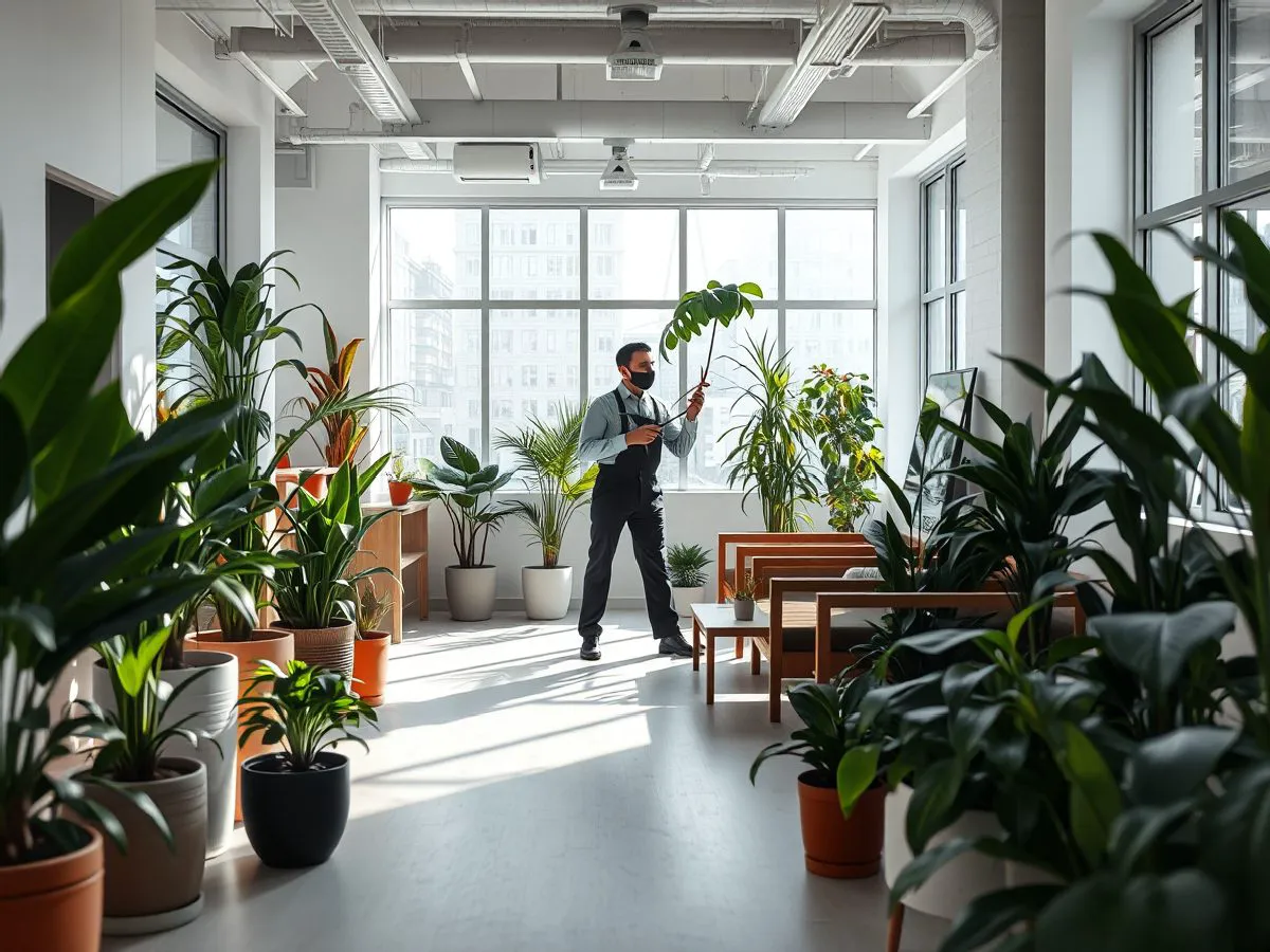 卉至斯办公空间绿植租赁场景，植物摆放整齐，养护人员正在维护